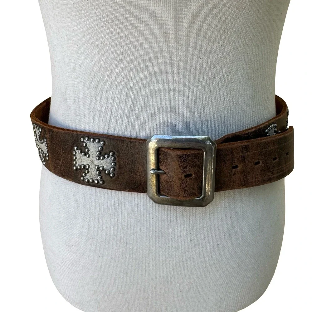 Streets Ahead Vintage Brown Leather Studded Iron Cross Biker Goth Punk Emo Belt